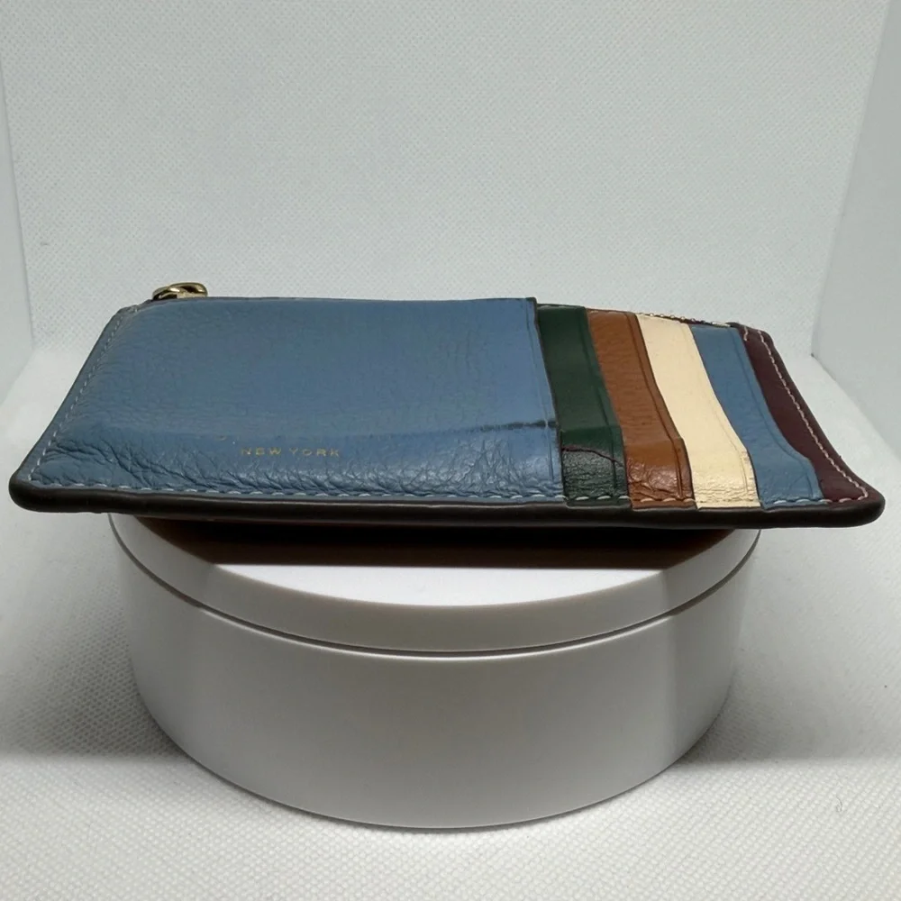 TORY Burch Perry Color Block Top-Zip Card Case Pebbled Leather